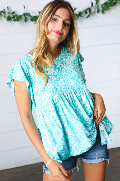 Aqua Boho Print Ruffle Short Sleeve Babydoll Top