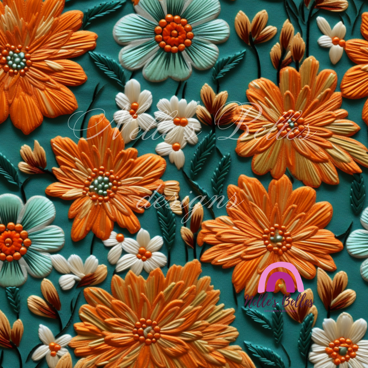 Orange and a deep green embroidered flowers