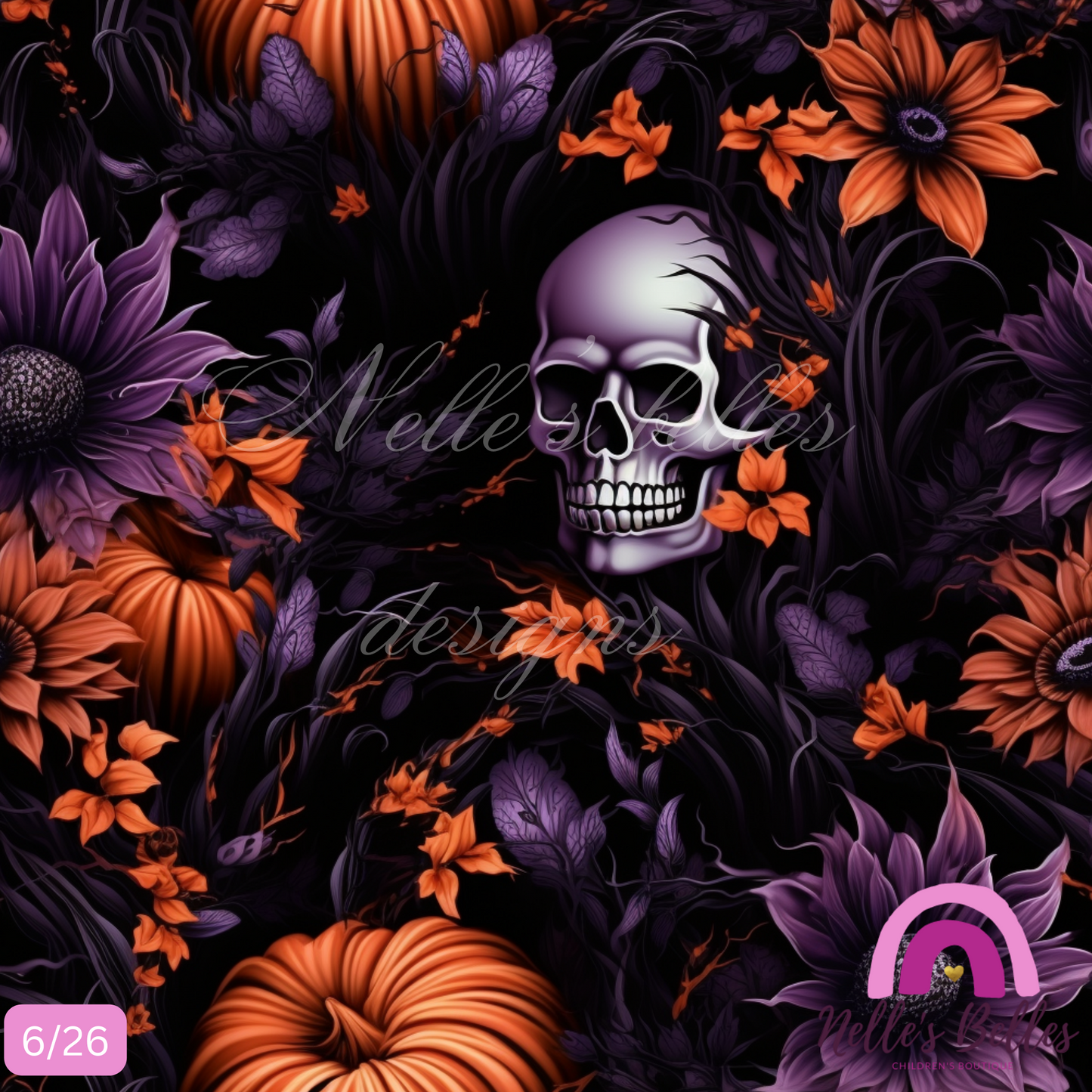 Purple black and orange skull floral seamless