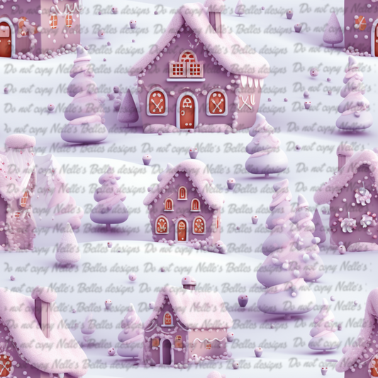 Purple and white gingerbread houses