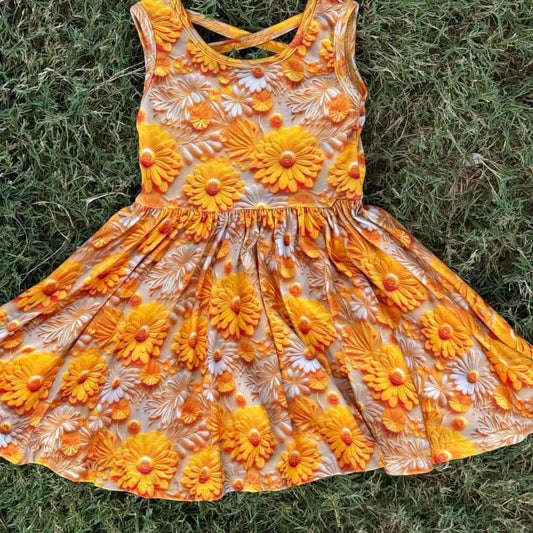 Cross back yellow flower twirl dress