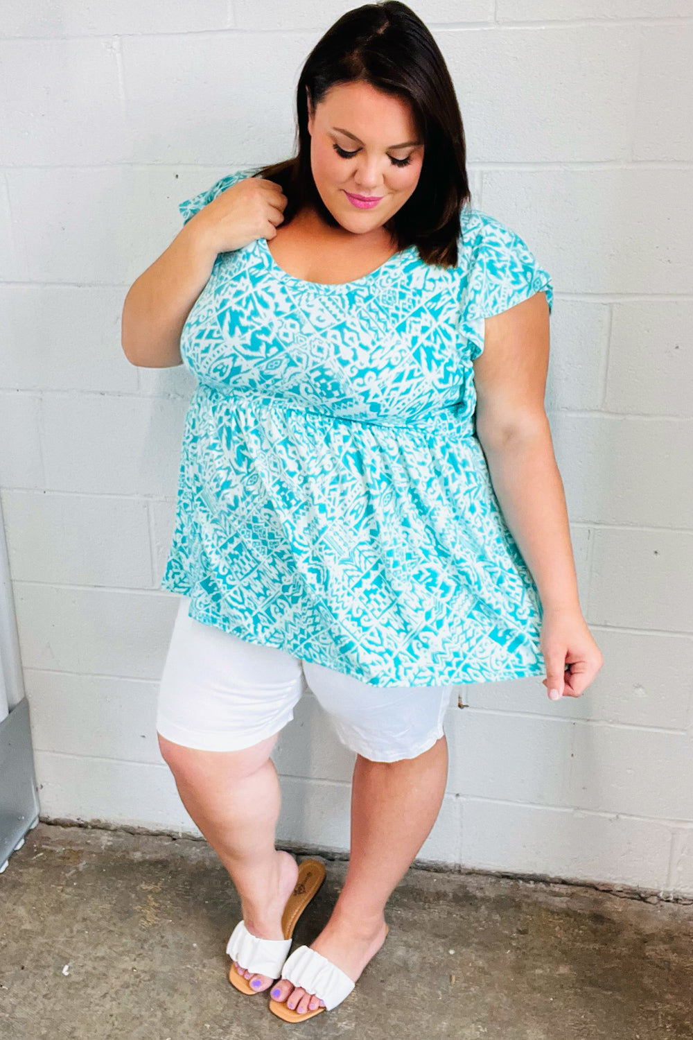 Aqua Boho Print Ruffle Short Sleeve Babydoll Top