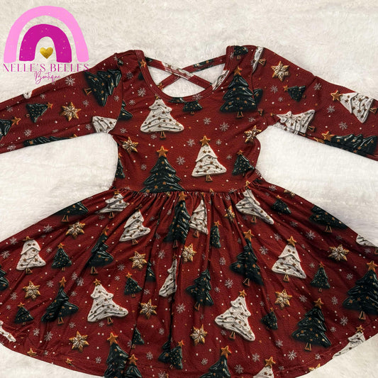 Christmas trees long sleeve twirl dress