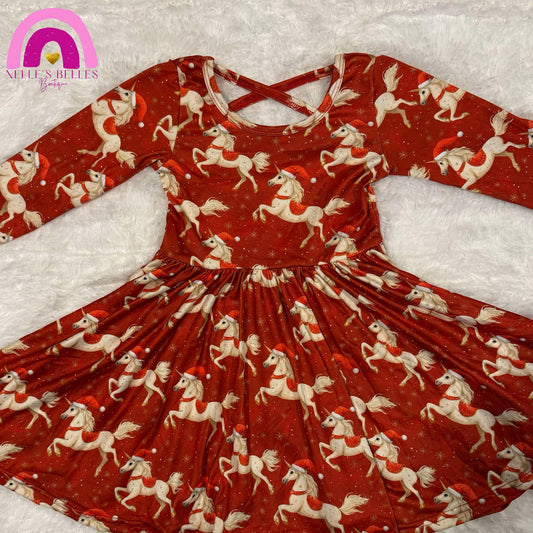 Christmas Unicorn long sleeve twirl dress