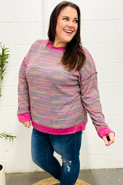 Bring Joy Magenta Multicolor Textured Waffle Knit Sweater