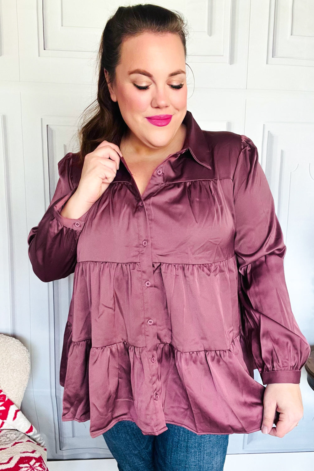 Perfectly You Burgundy Button Down Tiered Babydoll Satin Top