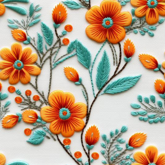 Orange and teal embroidered flowers 1