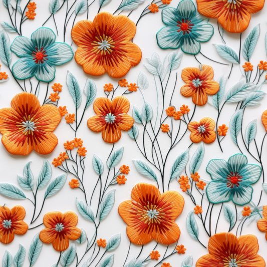 Orange and teal embroidered flowers 2