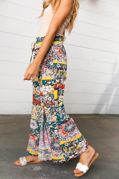 Emerald Boho Floral Smocked Waist Side Slit Palazzo Pants