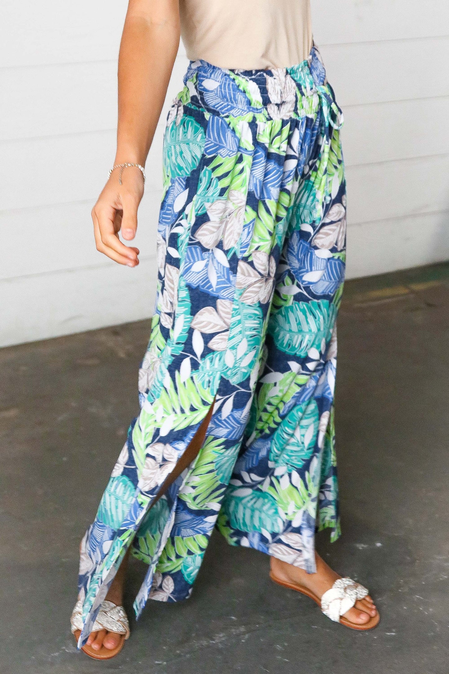 Tropical Print Boho Smocked Waist Side Slit Palazzo Pants