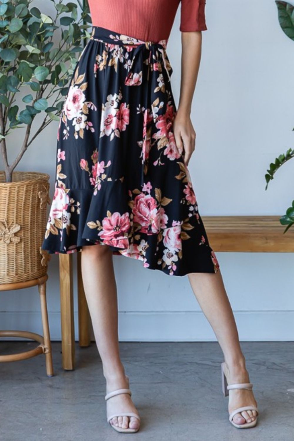 Reborn J Floral Wrap Ruffle Hem Skirt