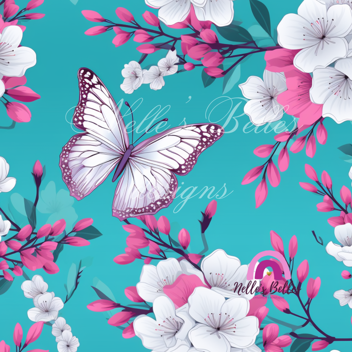 White butterflies with a turquoise background