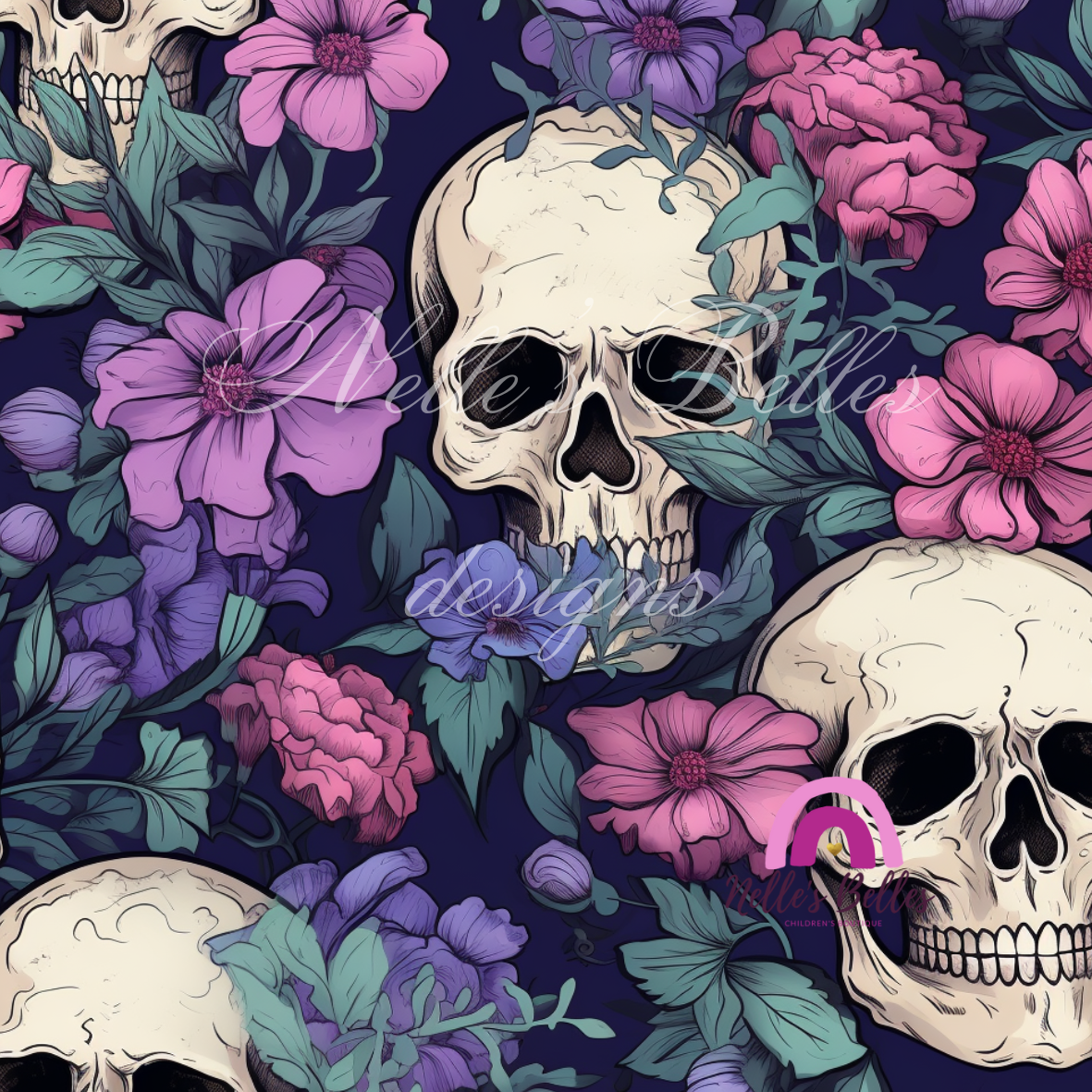 Purple and pink flowers with skulls