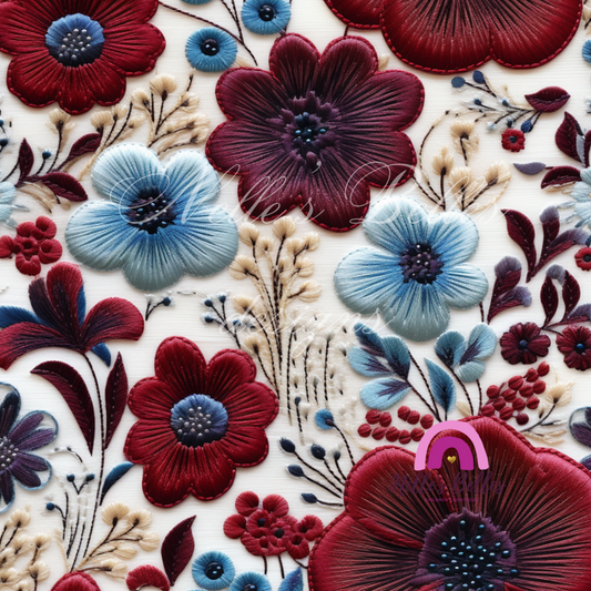 Burgundy and blue flowers embroidered