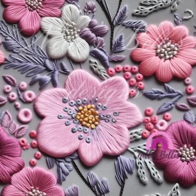 Pink gray and purple embroidered flowers 2