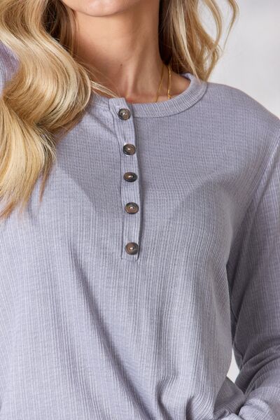 Heimish Full Size Texture Half Button Long Sleeve Top