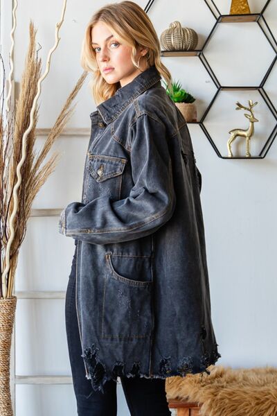 Veveret Button Up Distressed Frayed Hem Denim Jacket