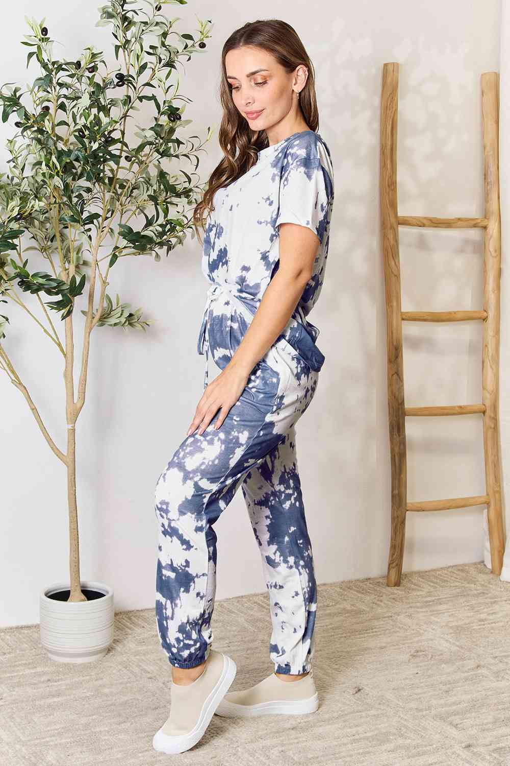 Double Take Tie-Dye Tee and Drawstring Waist Joggers Lounge Set