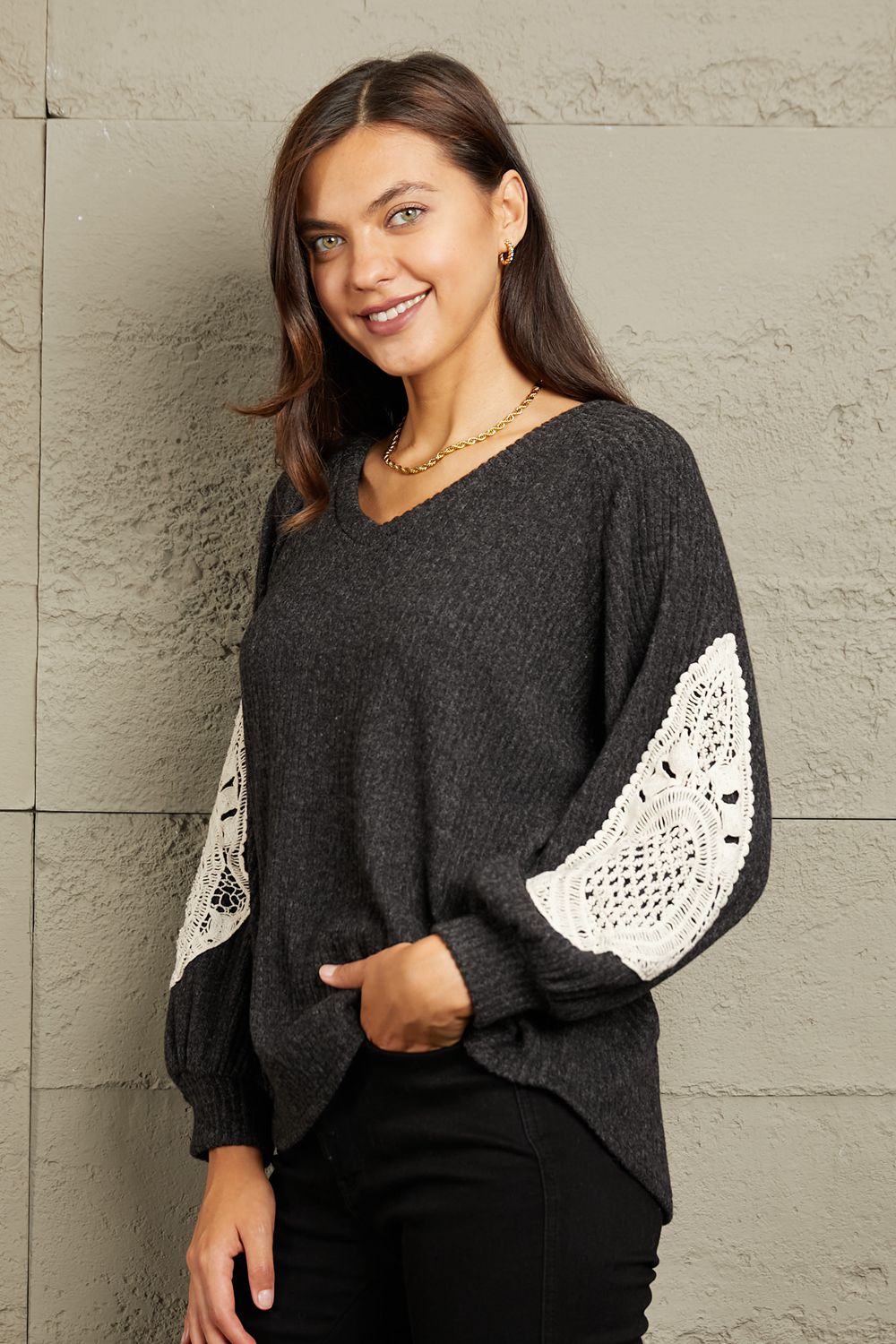 Sew In Love Full Size Lace Patch Detail Sweater 2-6 business days