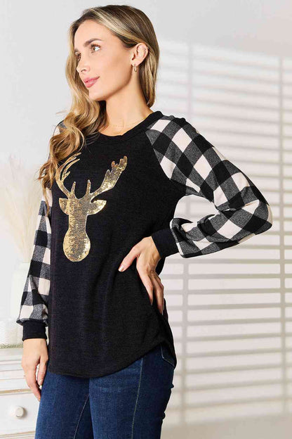 Heimish Full Size Sequin Reindeer Graphic Plaid Top