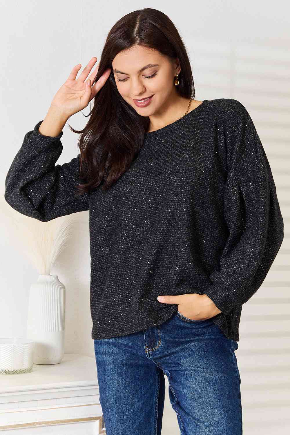 Jade By Jane Full Size Boat Neck Glitter Long Sleeve Top