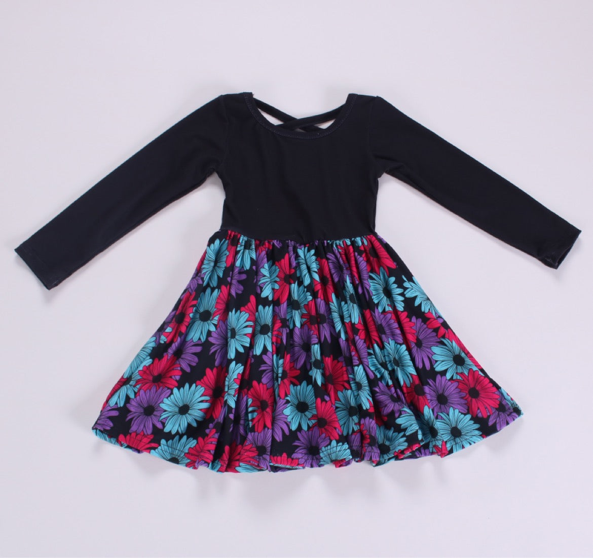 Black floral long sleeve twirl dress