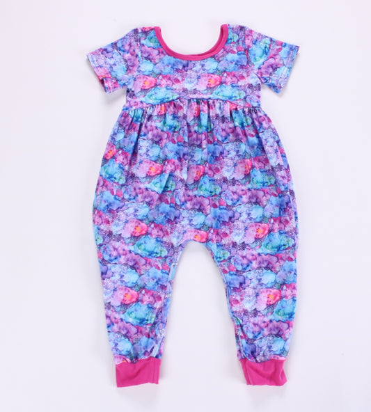 Watercolor alleycat romper with snaps