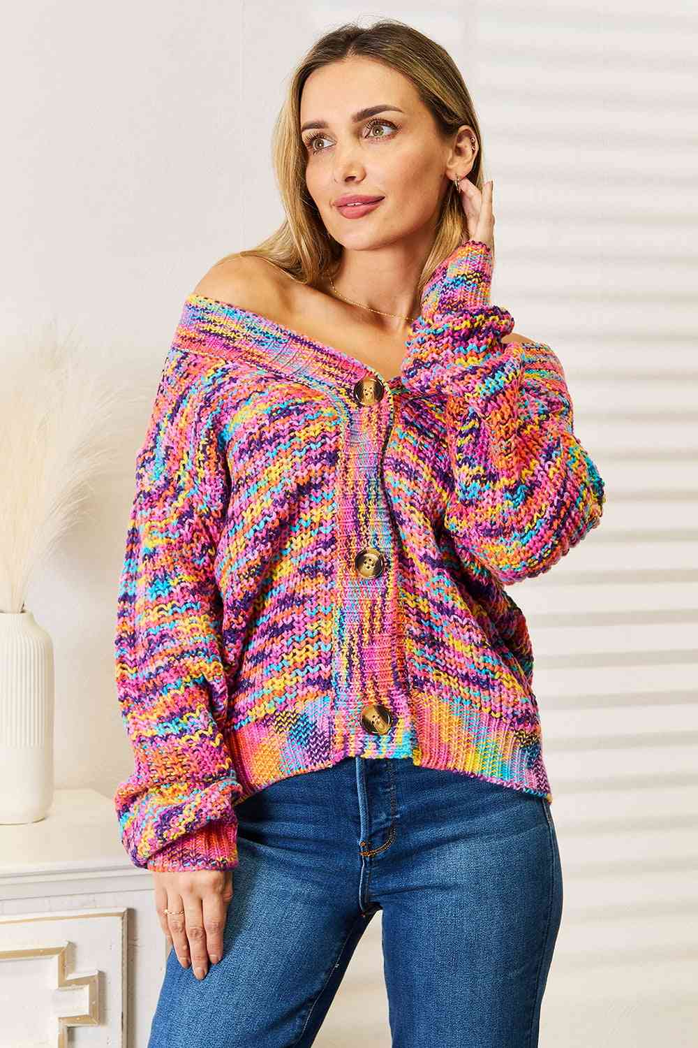 Woven Right V-Neck Long Sleeve Cardigan