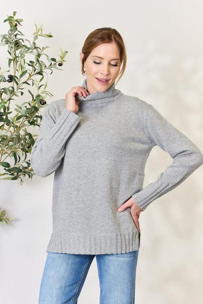 Heimish Full Size Turtleneck Long Sleeve Slit Sweater