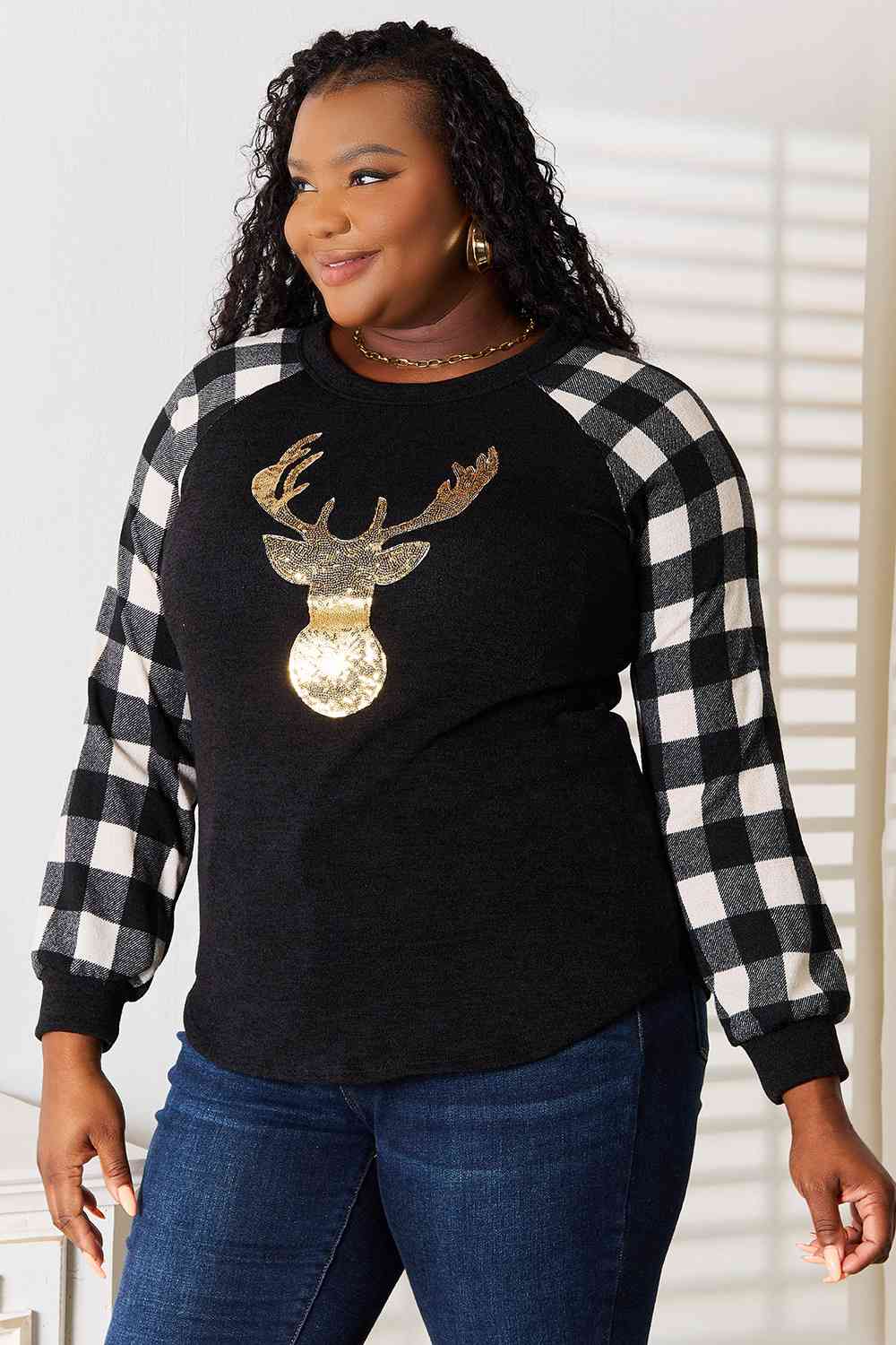 Heimish Full Size Sequin Reindeer Graphic Plaid Top