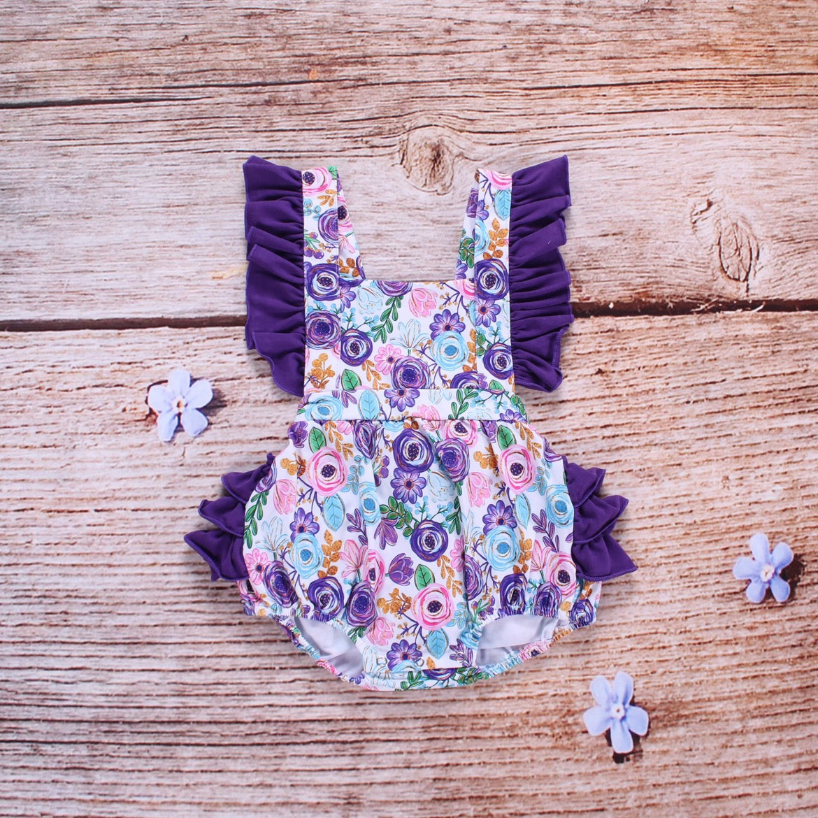 Purple floral Flutter sleeve bubble romper