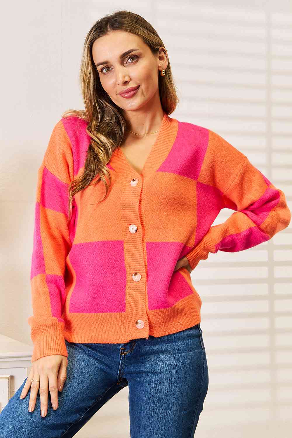 Woven Right Checkered V-Neck Dropped Shoulder Cardigan