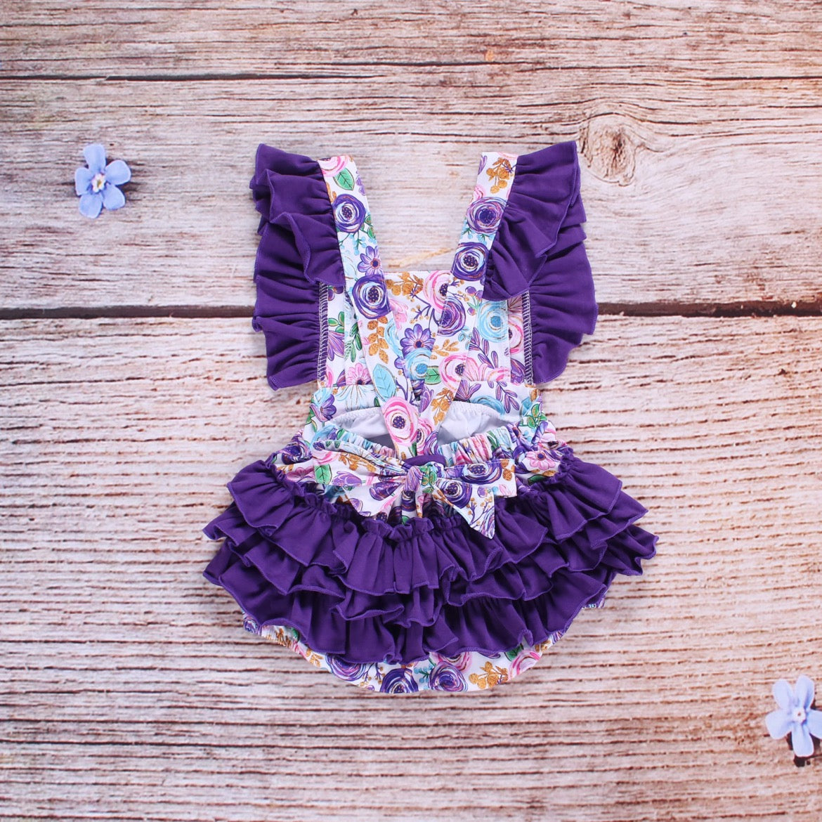 Purple floral Flutter sleeve bubble romper