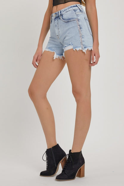 RISEN Full Size High Rise Rhinestone Strap Embellished Denim Shorts