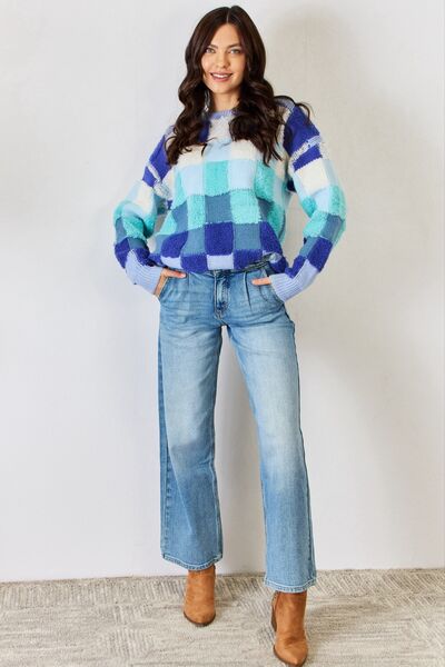 J.NNA Checkered Round Neck Long Sleeve Sweater