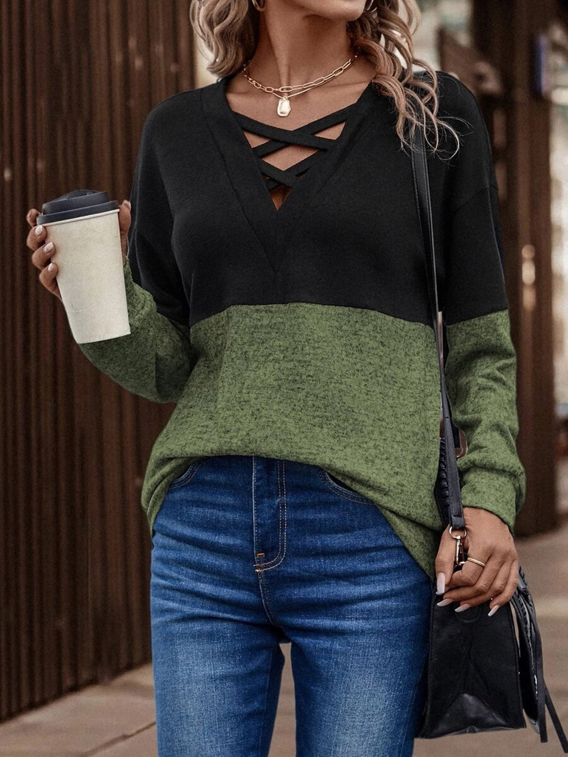 Two-Tone Crisscross Detail Sweatshirt 5-10 business days Tat