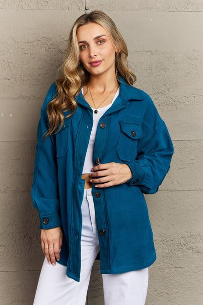 Zenana Cozy in the Cabin Full Size Fleece Elbow Patch Shacket in Teal