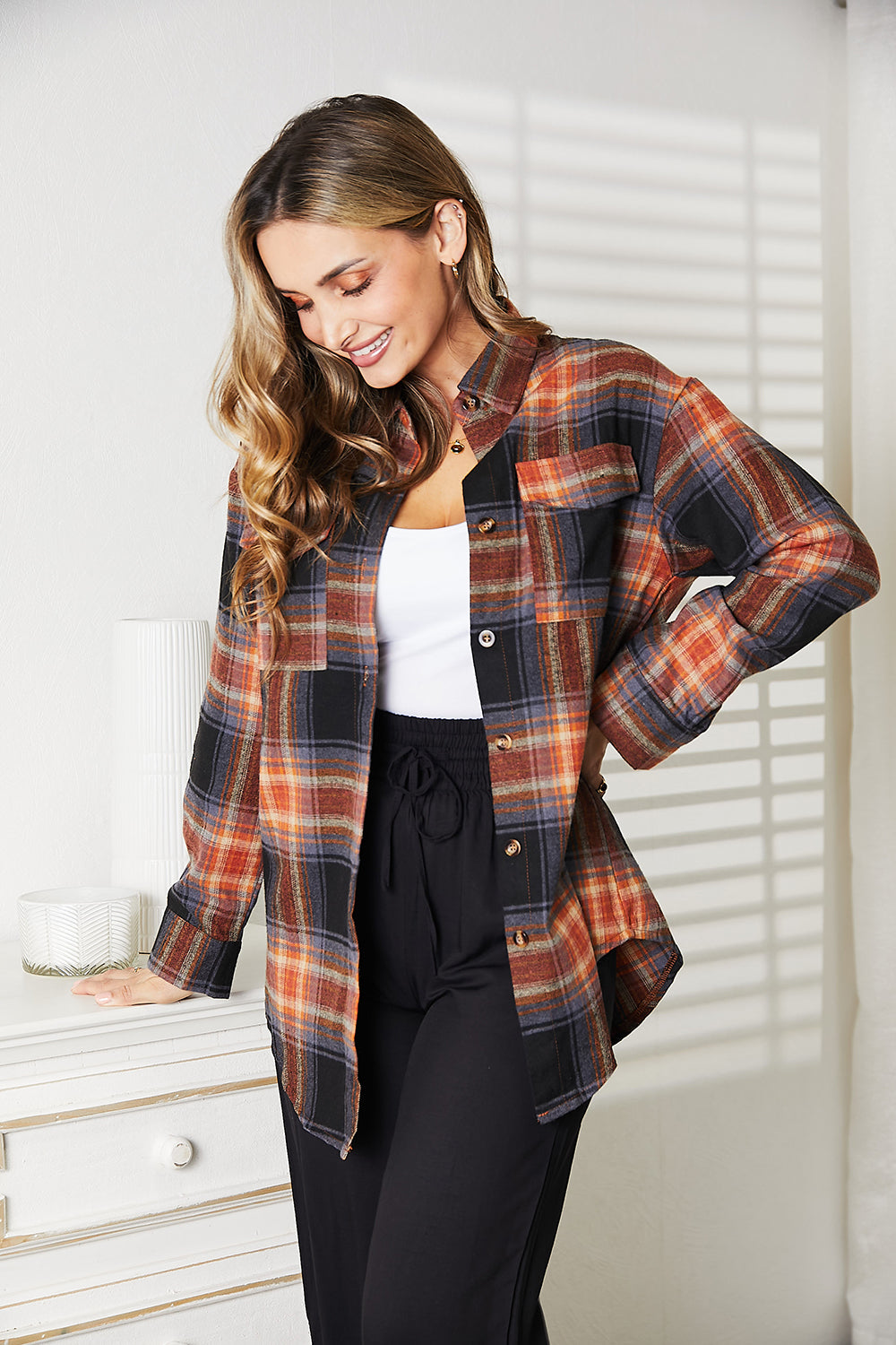 Double Take Plaid Dropped Shoulder Shirt 2-6 business days