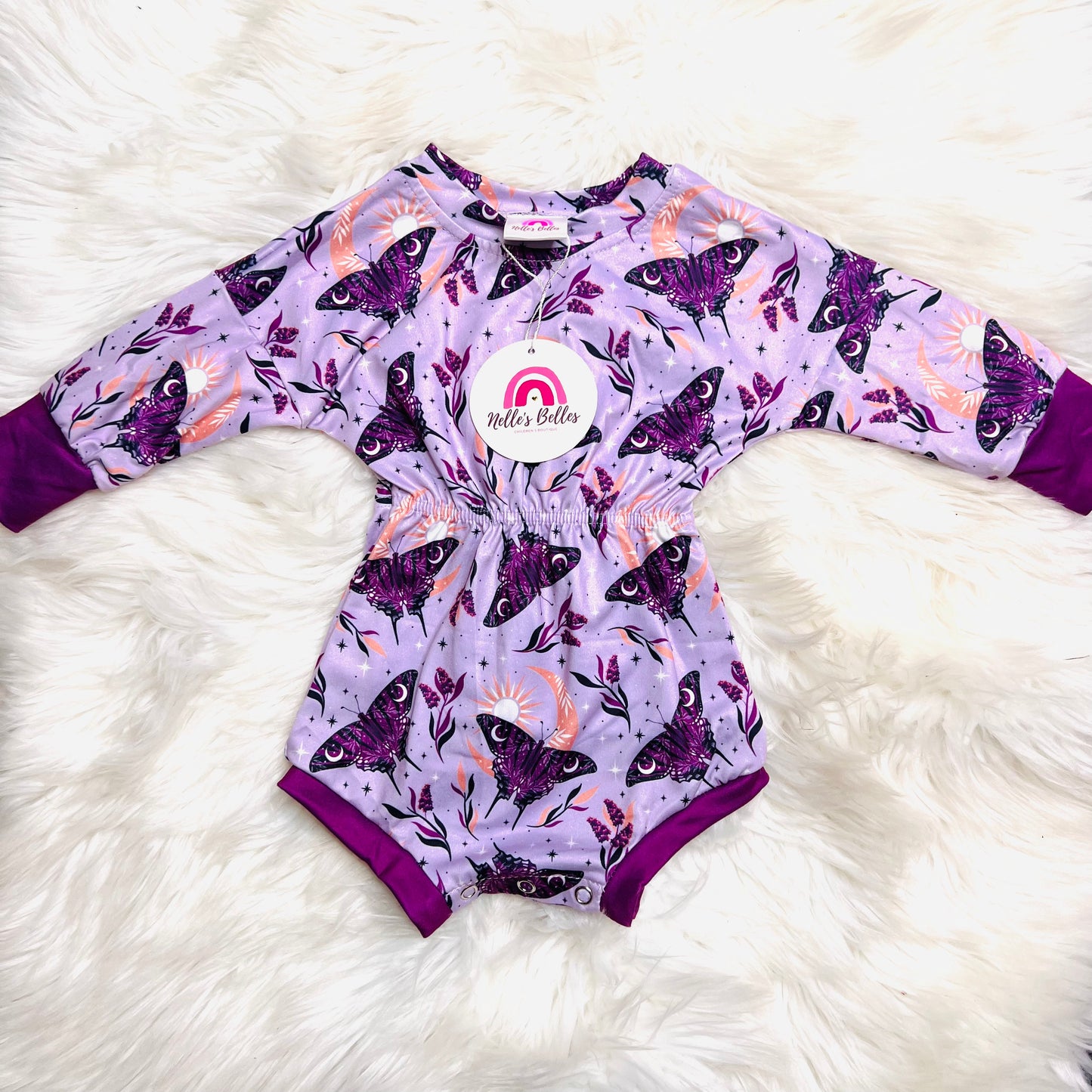 Purple monarch sweater romper