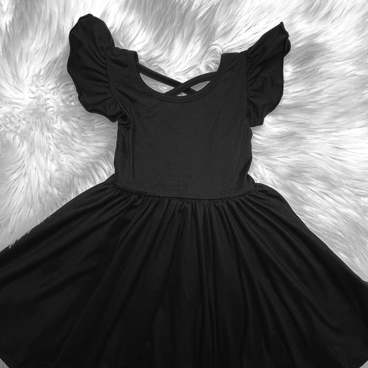 Solid black flutter sleeve twirl dress with pockets